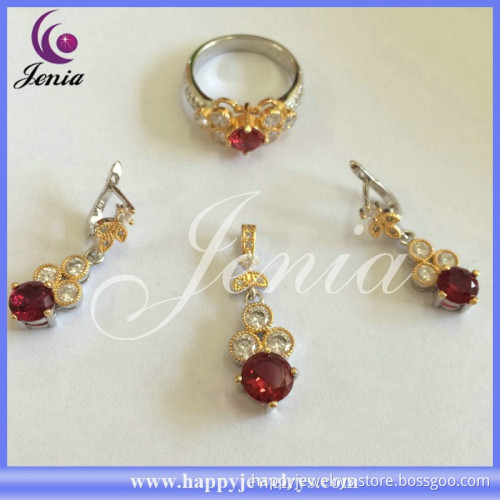 New arrival cheap price red zircon elegant design thai silver young girl earring jewelry set (0761T8)